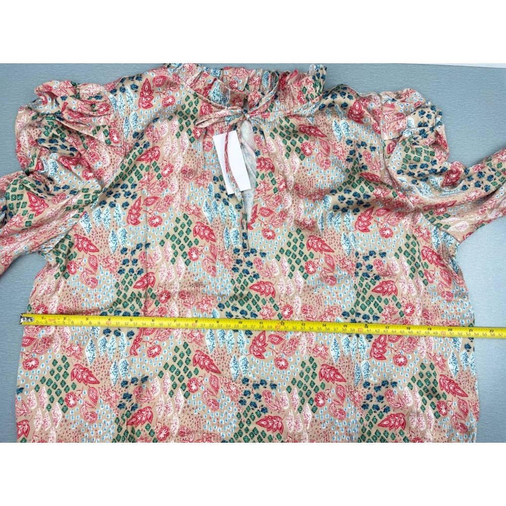 LOFT WOMEN Garden Cinched Sleeve Ruffle Tie Neck Mixed Media Top M - Picture 13 of 16